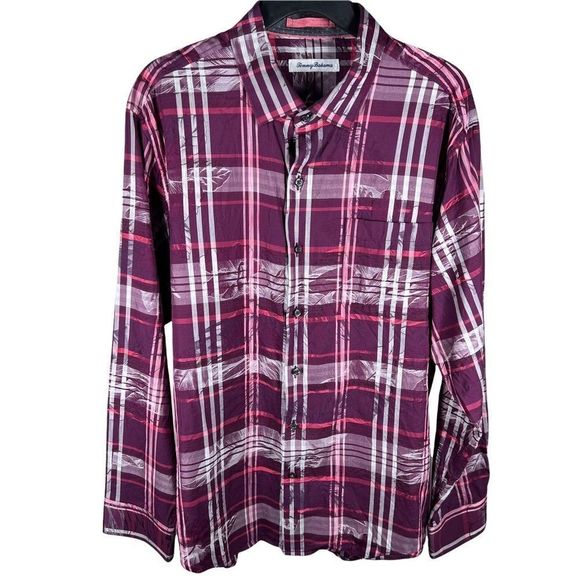 TOMMY Bahama Mens Sz L Holiday Hulu Plaid L/S Rum Berry Silk Blend Shirt - Picture 1 of 8